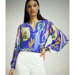 Chicos Surreal Pleated Sleeve Blouse Size Med 8 Sheer Artsy Colorful Button Up